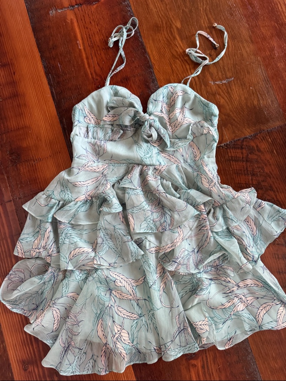 Mint Green Leaf-Print Ruffle Mini Dress